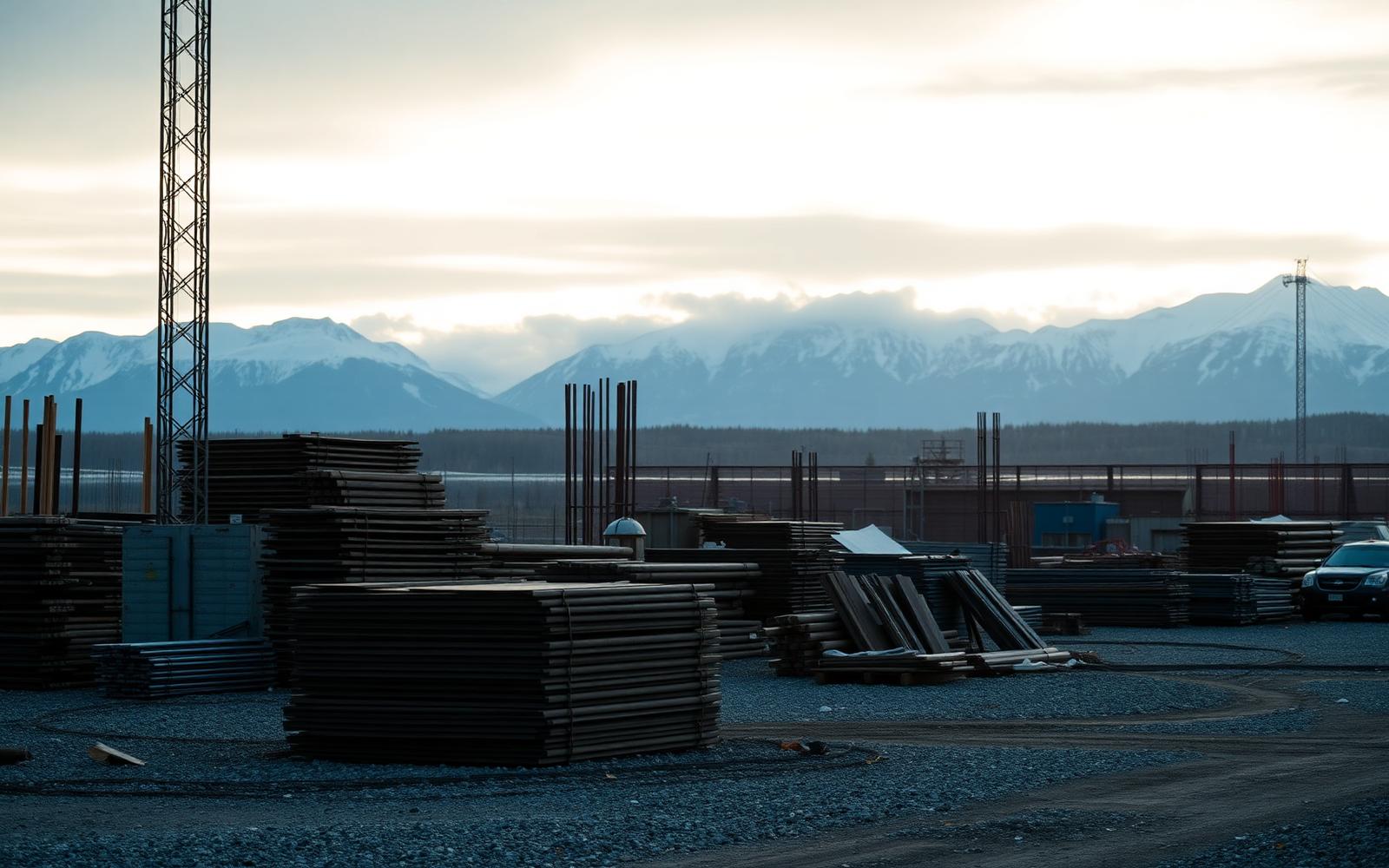 Alaska construction staging yard with stacked materials and mountains in the distance